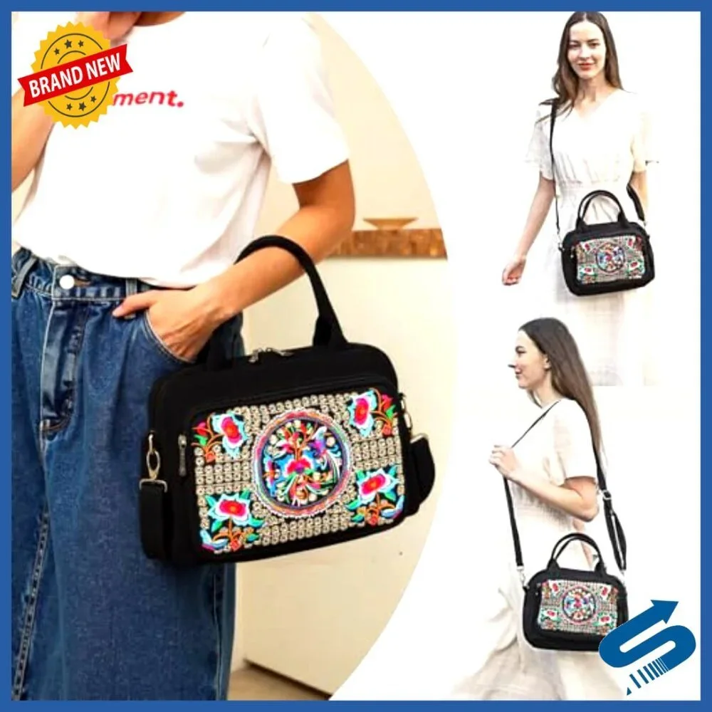 Embroidered Canvas Crossbody Bag Top Handle Handbag Chic Boho Casual